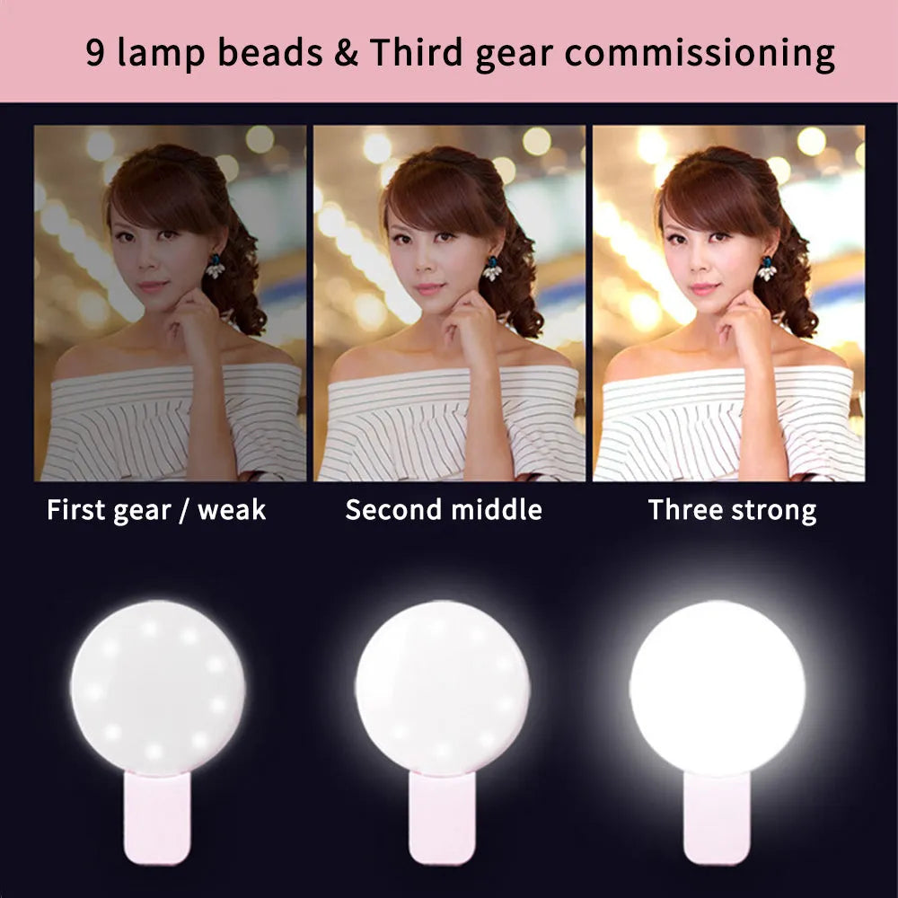 Mini round clip fill light for mobile phones in white pink blue or black colour options