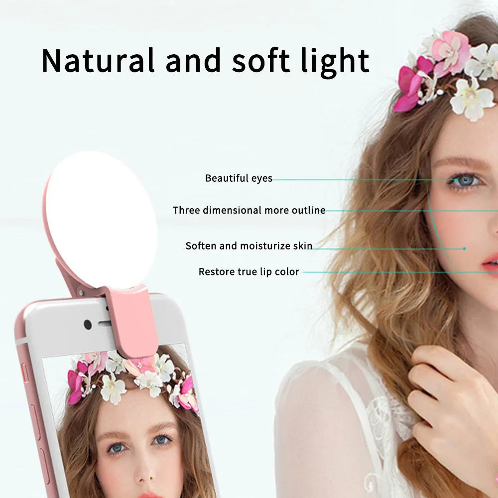 Mini round clip fill light for mobile phones in white pink blue or black colour options