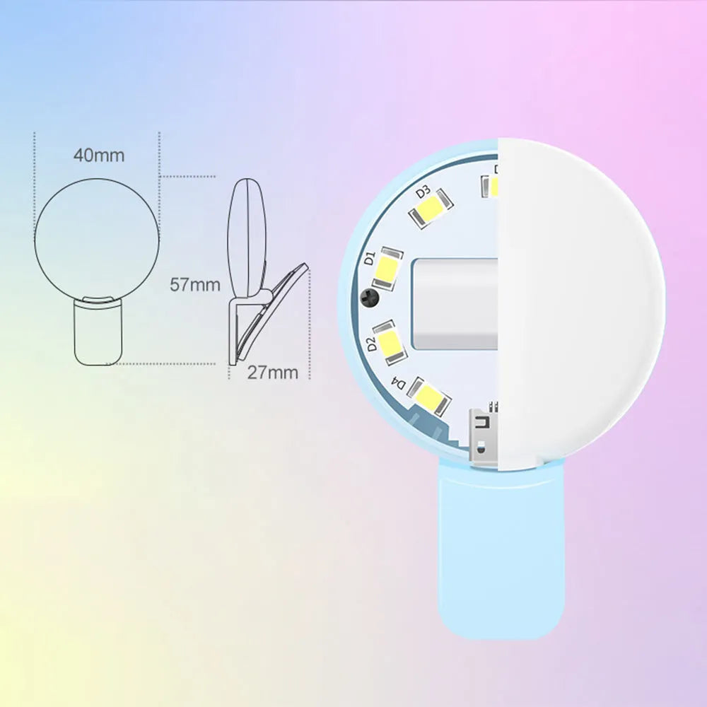 Mini round clip fill light for mobile phones in white pink blue or black colour options