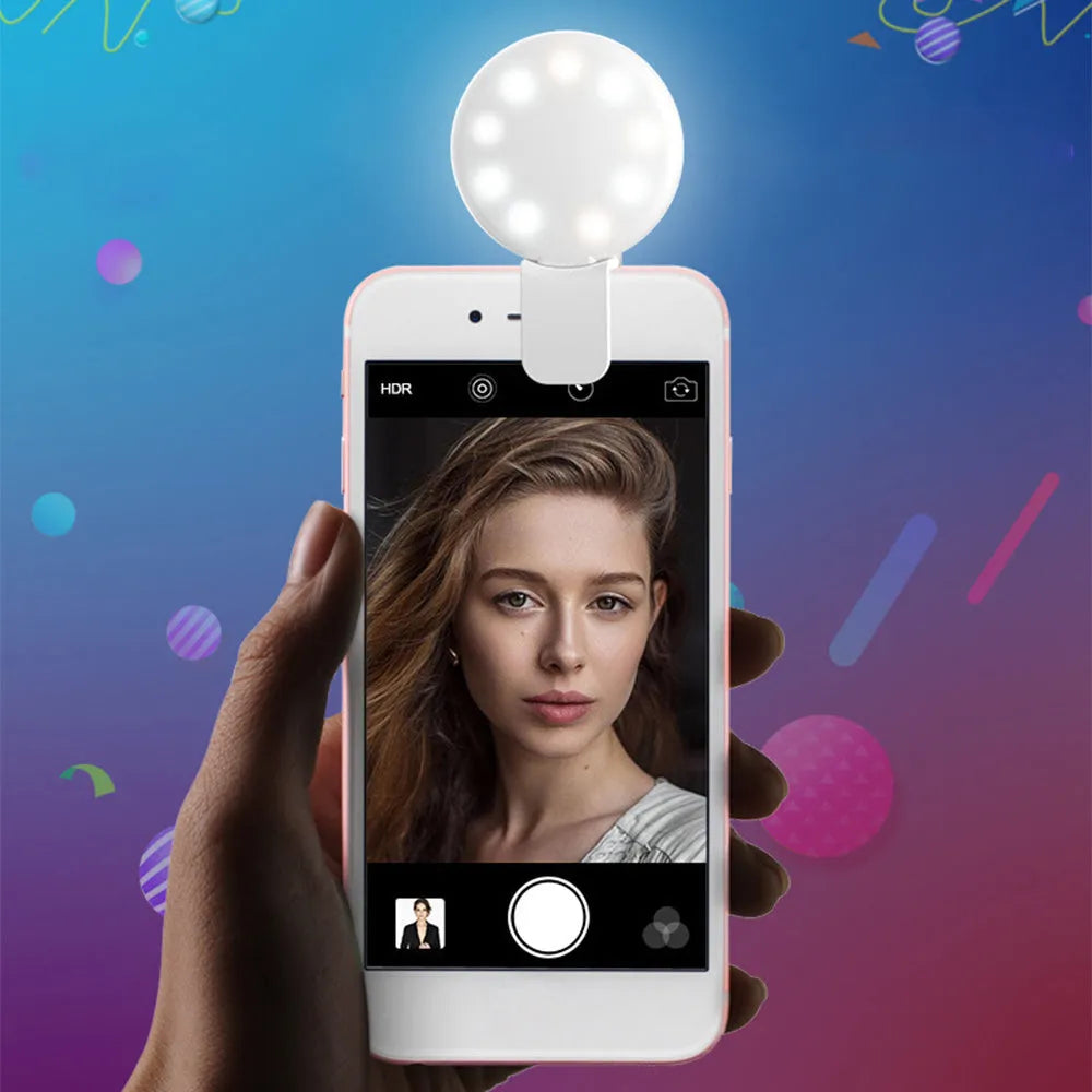 Mini round clip fill light for mobile phones in white pink blue or black colour options
