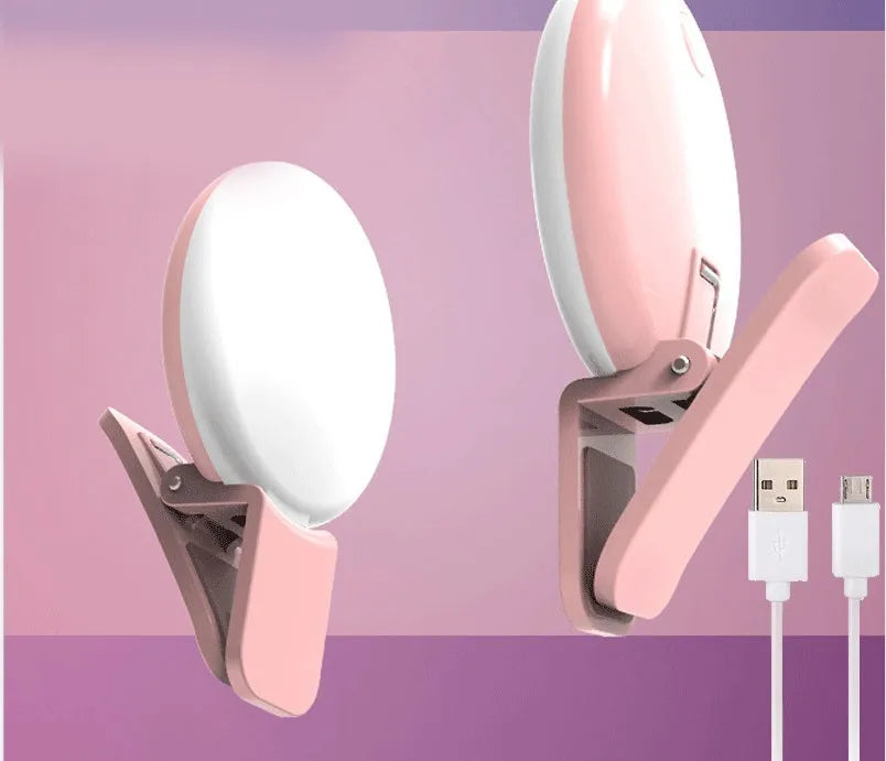 Mini round clip fill light for mobile phones in white pink blue or black colour options