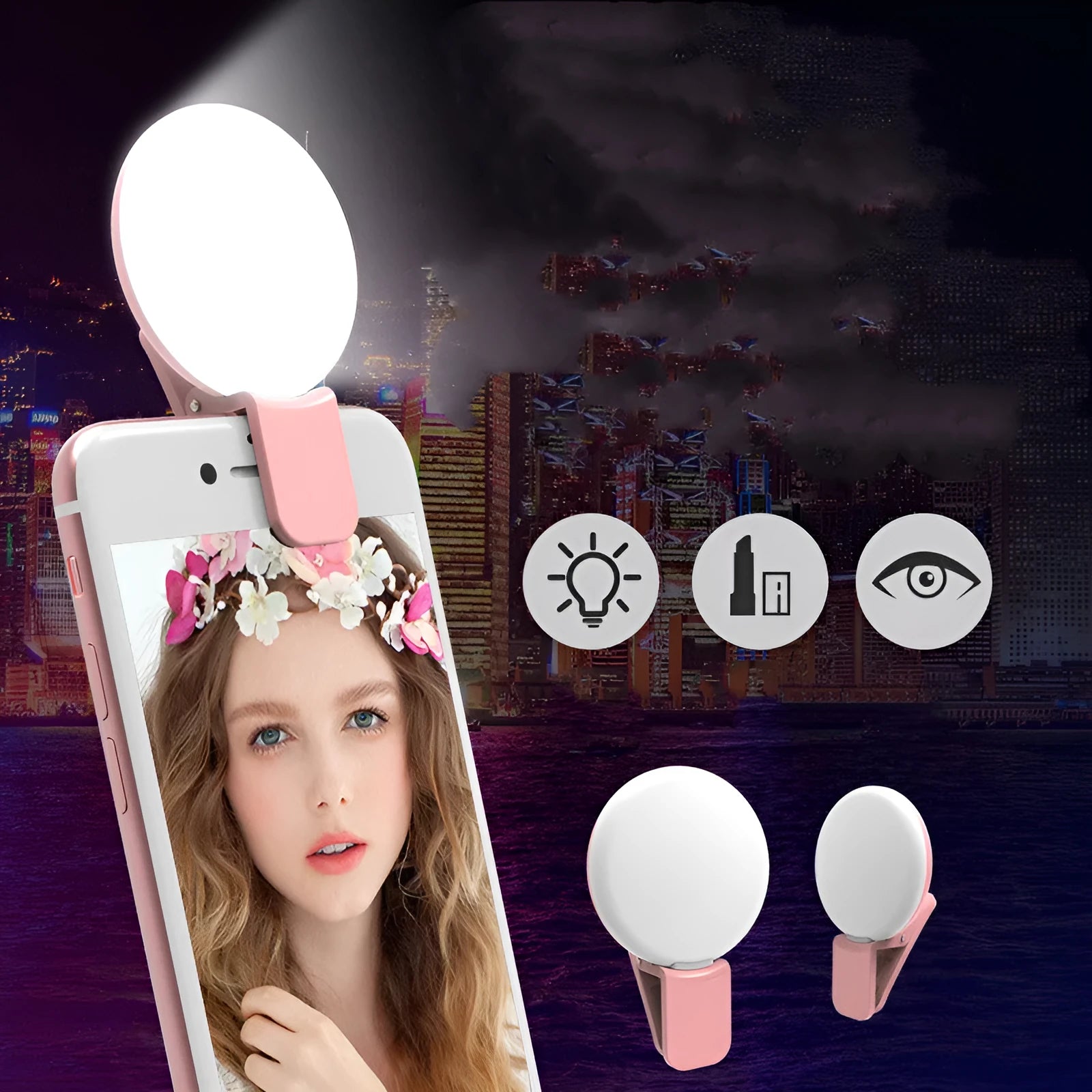 Mini round clip fill light for mobile phones in white pink blue or black colour options