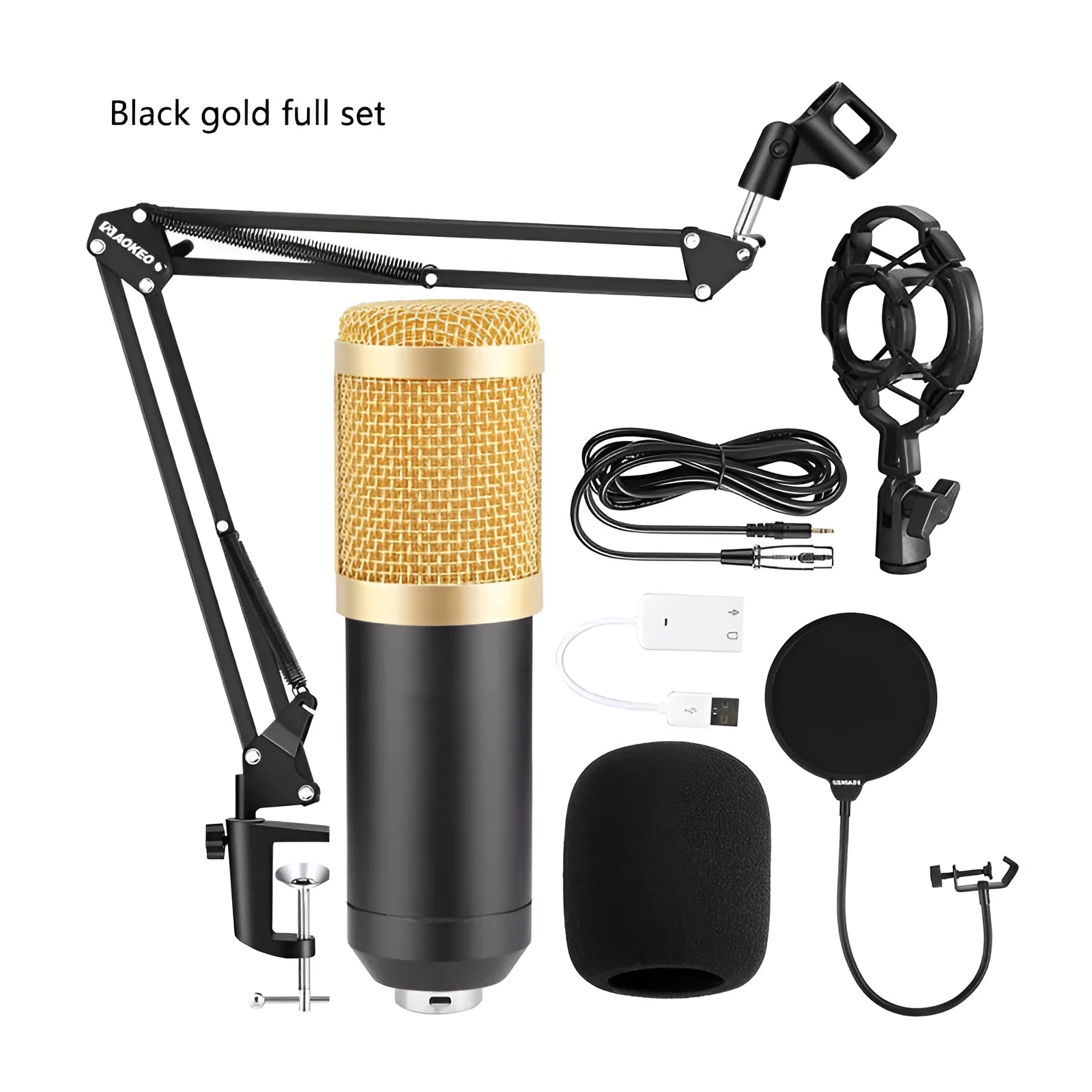 BM800 condenser microphone with V8 sound card, shock frame, pop filter, and adjustable mounting bracket