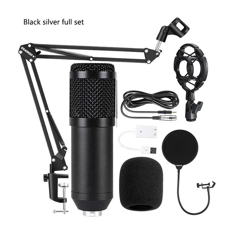 BM800 condenser microphone with V8 sound card, shock frame, pop filter, and adjustable mounting bracket