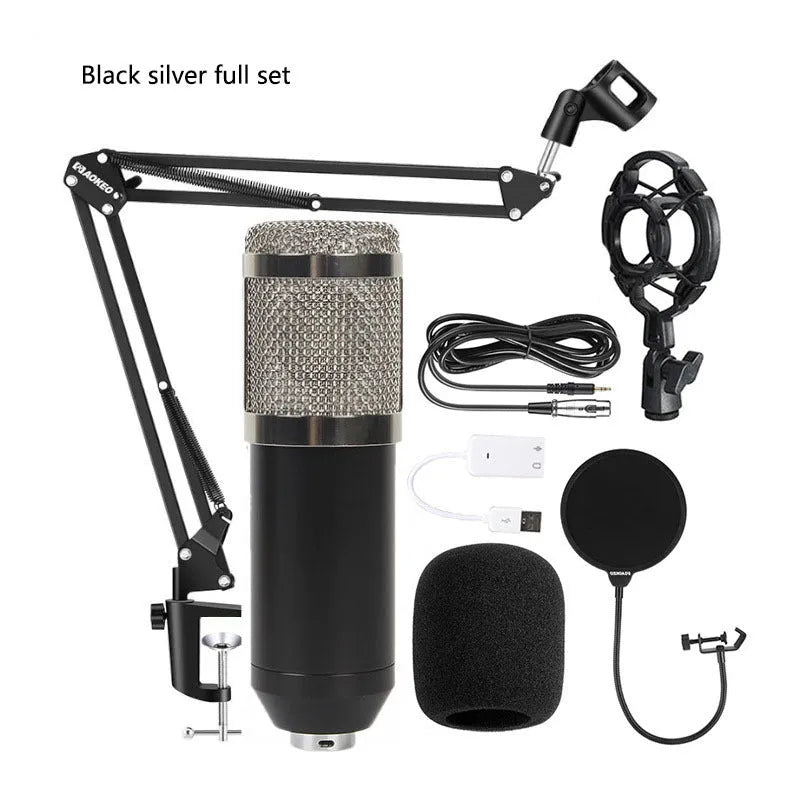 BM800 condenser microphone with V8 sound card, shock frame, pop filter, and adjustable mounting bracket