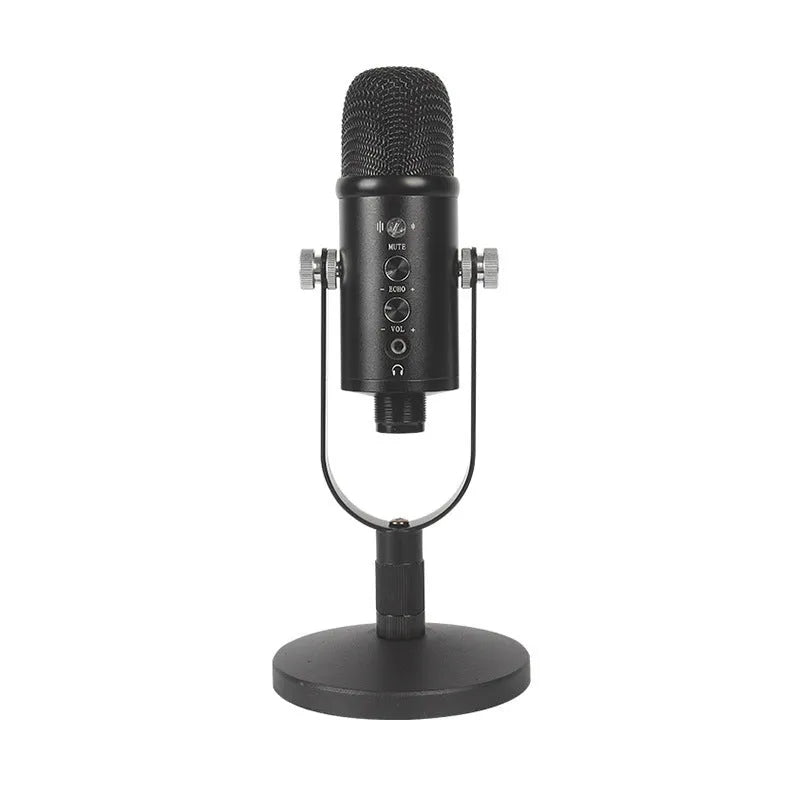 Black BM-86PRO USB condenser microphone on a metal stand with foam wind cover attached.