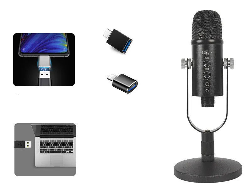 Black BM-86PRO USB condenser microphone on a metal stand with foam wind cover attached.