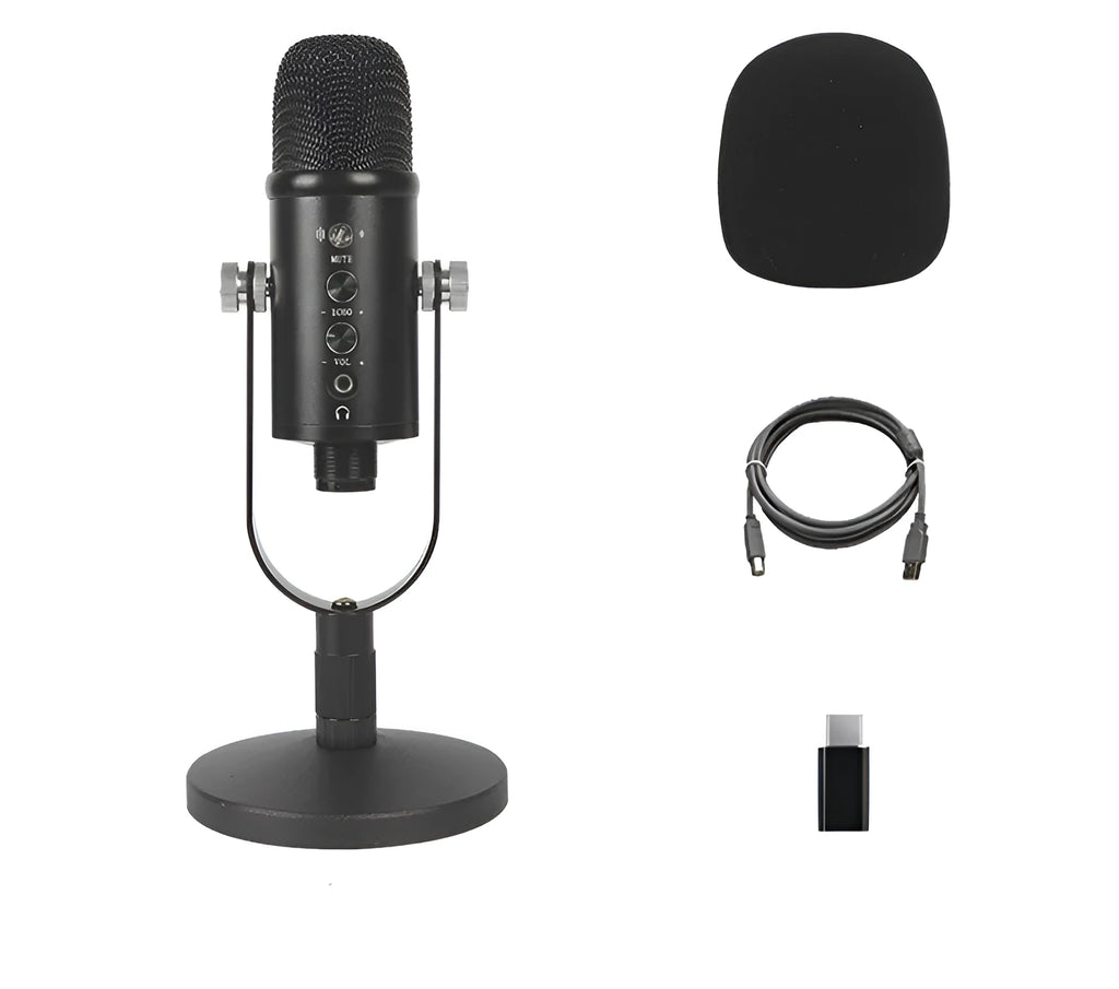 Black BM-86PRO USB condenser microphone on a metal stand with foam wind cover attached.