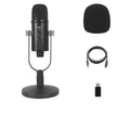 Black BM-86PRO USB condenser microphone on a metal stand with foam wind cover attached.