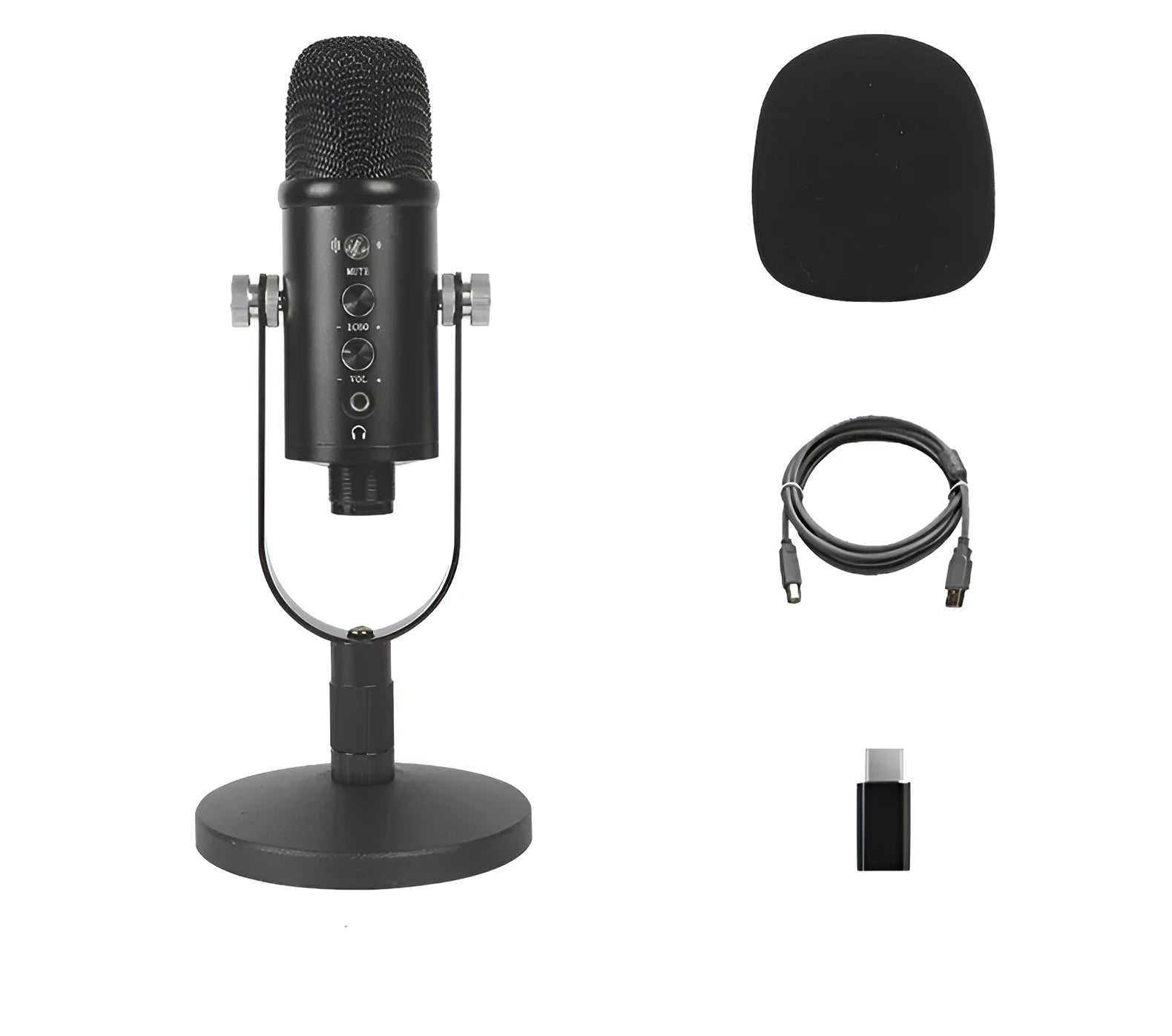 Black BM-86PRO USB condenser microphone on a metal stand with foam wind cover attached.