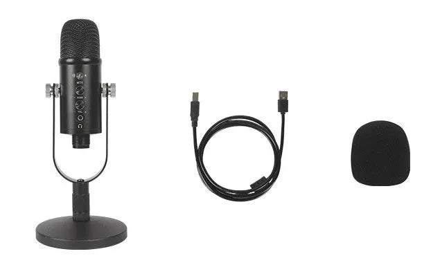 Black BM-86PRO USB condenser microphone on a metal stand with foam wind cover attached.