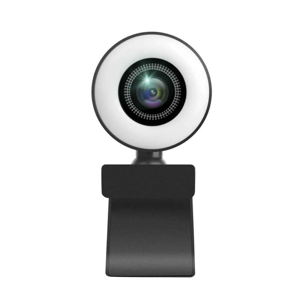 White USB computer webcam with a built-in ring of LED lights and a wide-angle lens on a monitor