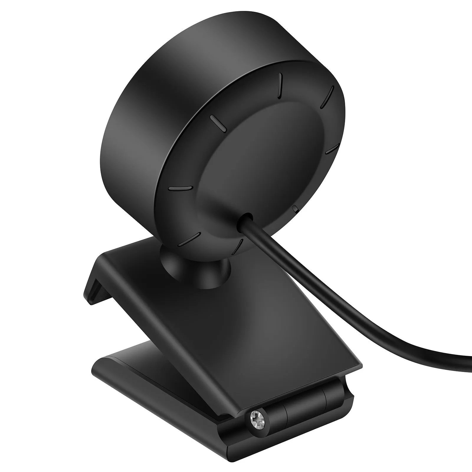 White USB computer webcam with a built-in ring of LED lights and a wide-angle lens on a monitor