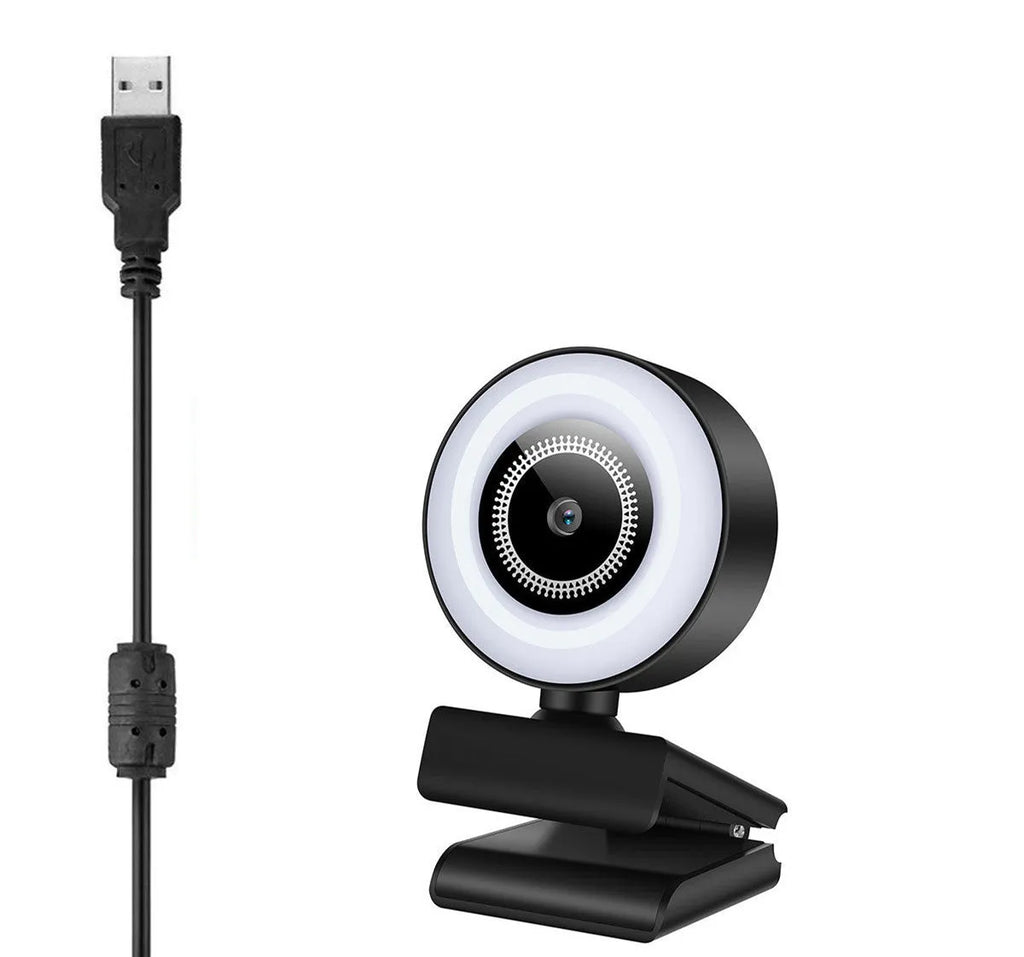 White USB computer webcam with a built-in ring of LED lights and a wide-angle lens on a monitor