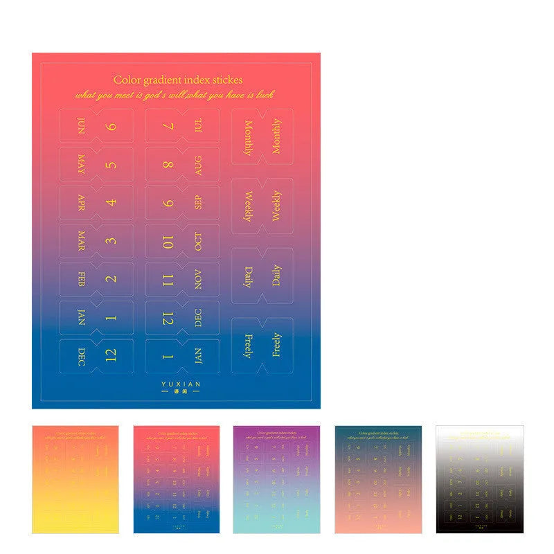 Gradient Morandi style label stickers in four colour options showing 88x110mm sizing