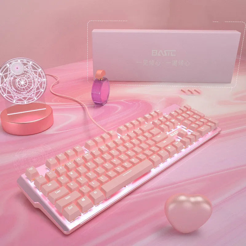 Pink mechanical keyboard and matching wired mouse set for e-sports gaming with green axis switches