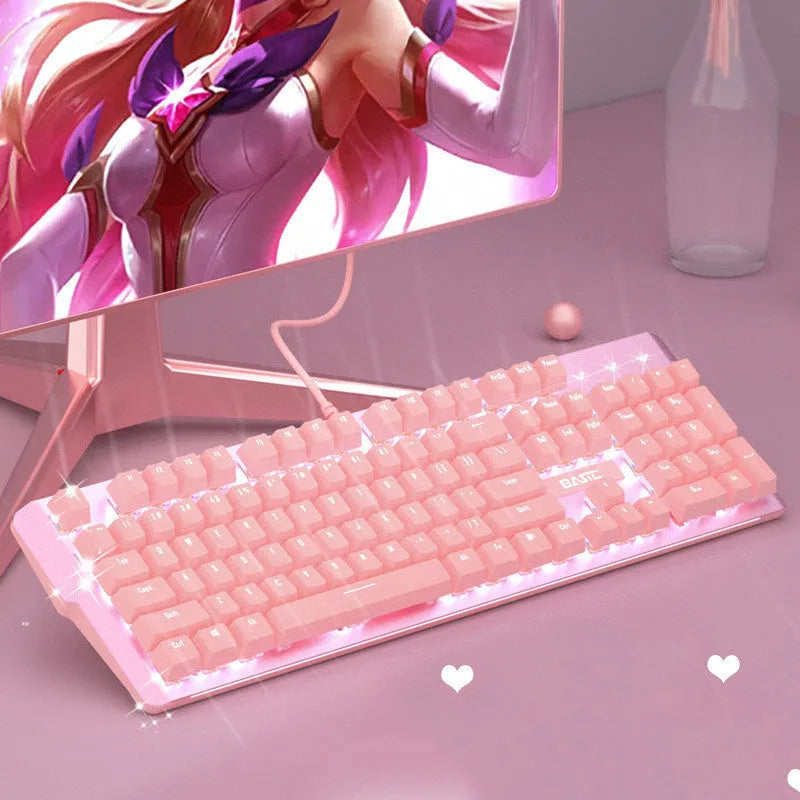 Pink mechanical keyboard and matching wired mouse set for e-sports gaming with green axis switches
