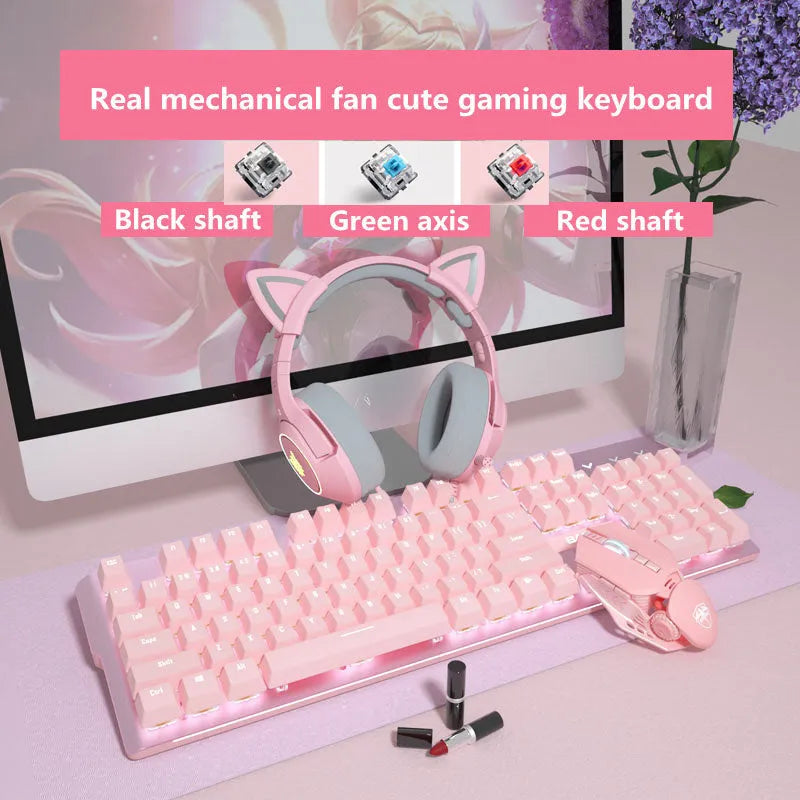 Pink mechanical keyboard and matching wired mouse set for e-sports gaming with green axis switches