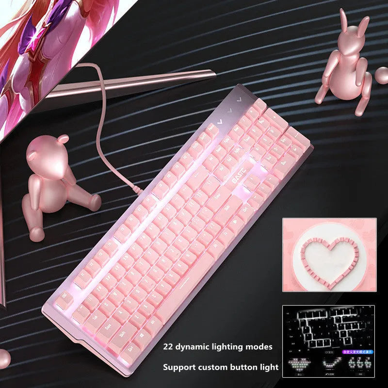Pink mechanical keyboard and matching wired mouse set for e-sports gaming with green axis switches