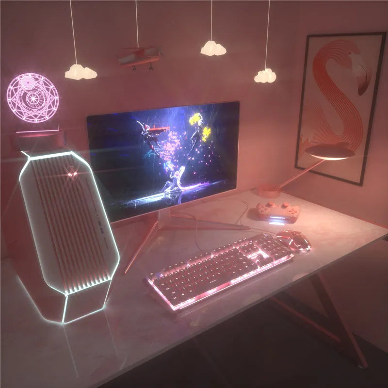 Pink mechanical keyboard and matching wired mouse set for e-sports gaming with green axis switches