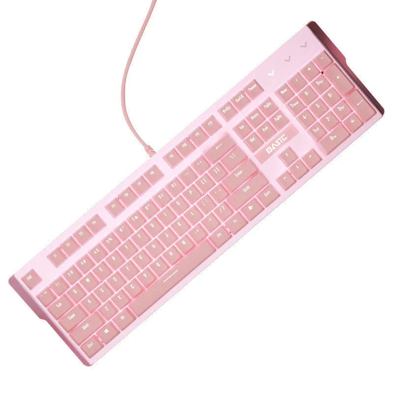 Pink mechanical keyboard and matching wired mouse set for e-sports gaming with green axis switches