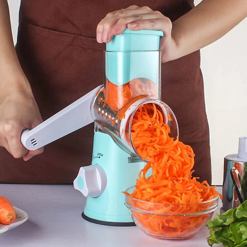 Blue multifunction kitchen vegetable chopper and grater with suction cup base