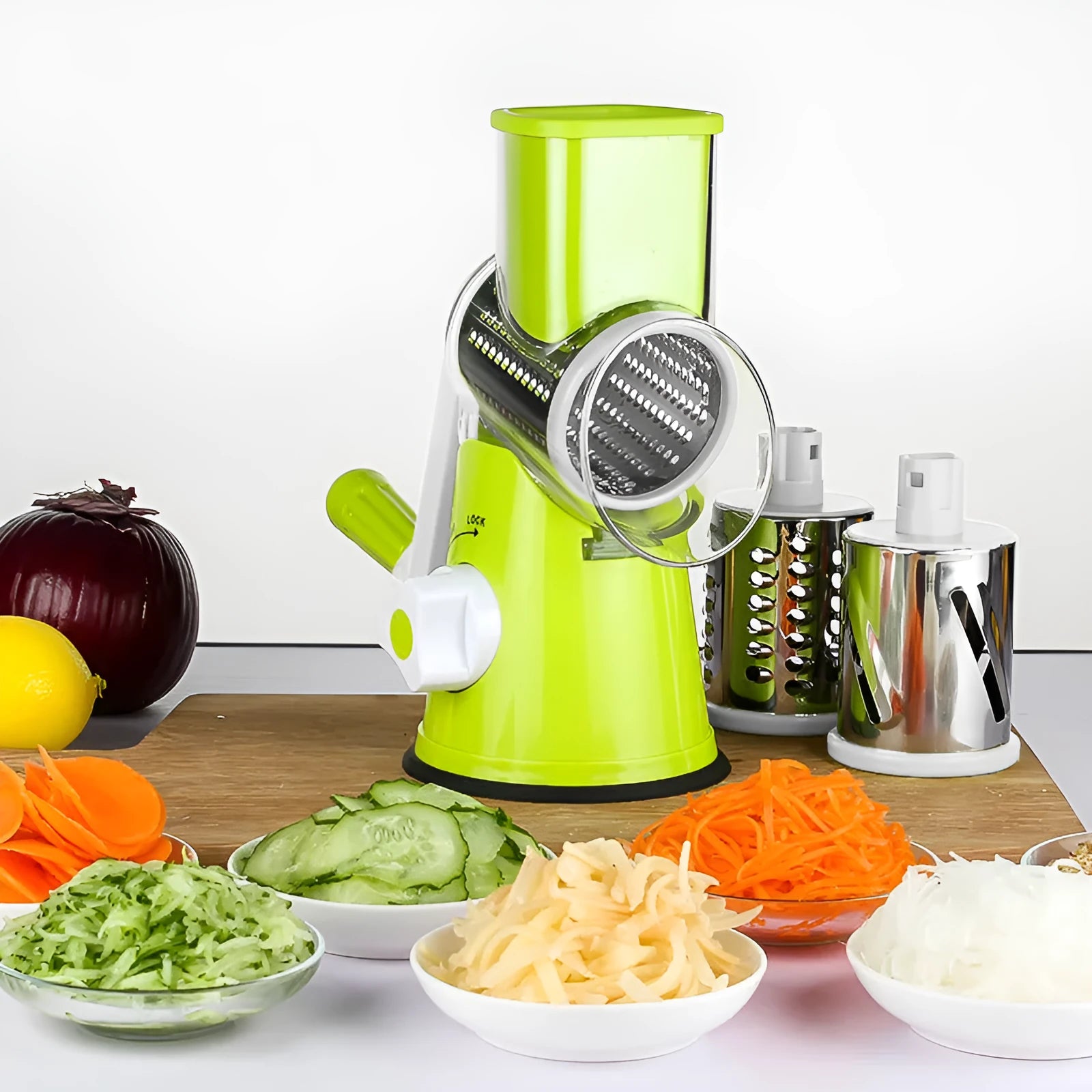Blue multifunction kitchen vegetable chopper and grater with suction cup base
