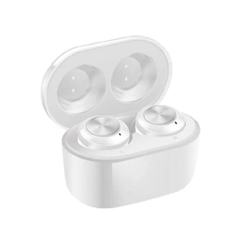 Black and white A6 TWS wireless Bluetooth earbuds with noise cancelling.