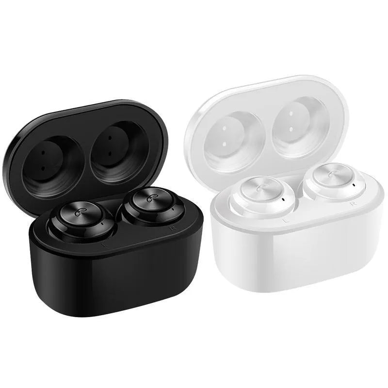 Black and white A6 TWS wireless Bluetooth earbuds with noise cancelling.