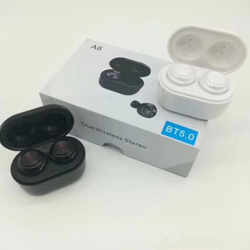 Black and white A6 TWS wireless Bluetooth earbuds with noise cancelling.