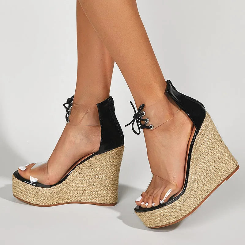 Black women's wedge sandals with hemp rope details and front tie closure above 8cm platform heel