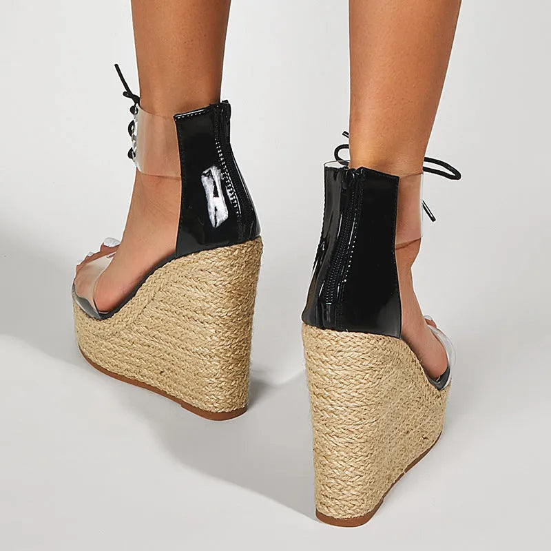 Black women's wedge sandals with hemp rope details and front tie closure above 8cm platform heel