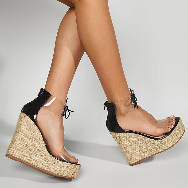 Black women's wedge sandals with hemp rope details and front tie closure above 8cm platform heel