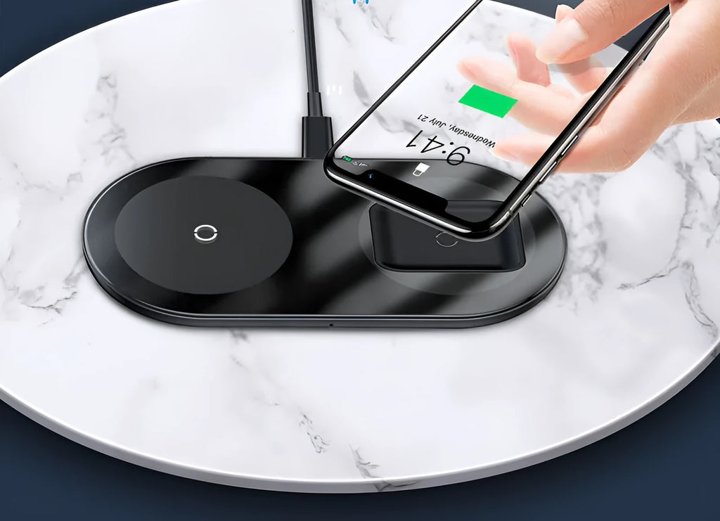 Baseus minimalist 2-in-1 wireless charger for phones and pods in three colour options