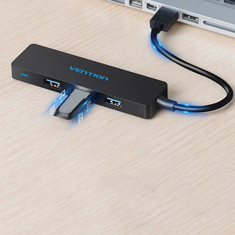 Black four-port USB 3.0 hub with 0.15 metre cable and nickel-plated connectors