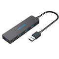Black four-port USB 3.0 hub with 0.15 metre cable and nickel-plated connectors