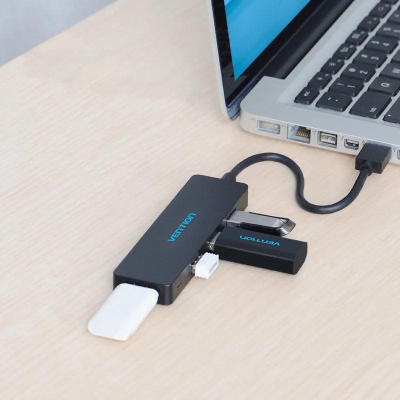 Black four-port USB 3.0 hub with 0.15 metre cable and nickel-plated connectors