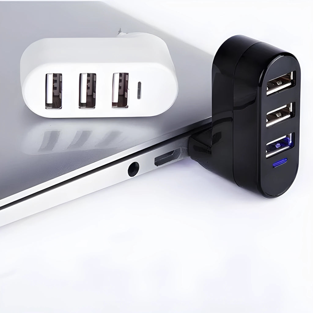 USB hub splitter with rotating spin colour design showing black and white colour options for multi-port expansion