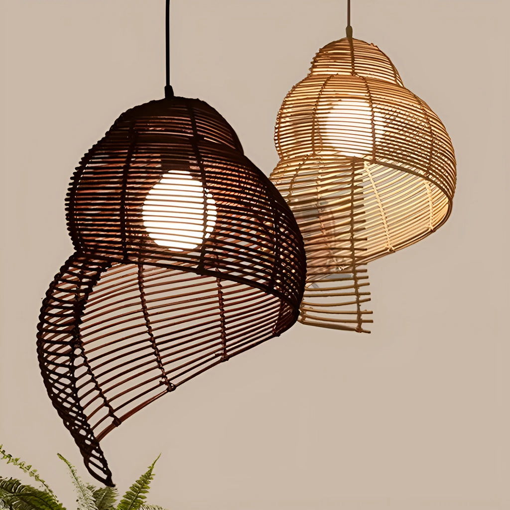 Snail-shaped rattan pendant light with woven grass and rattan shade, 350mm diameter, LED source, adjustable height, on a dark background