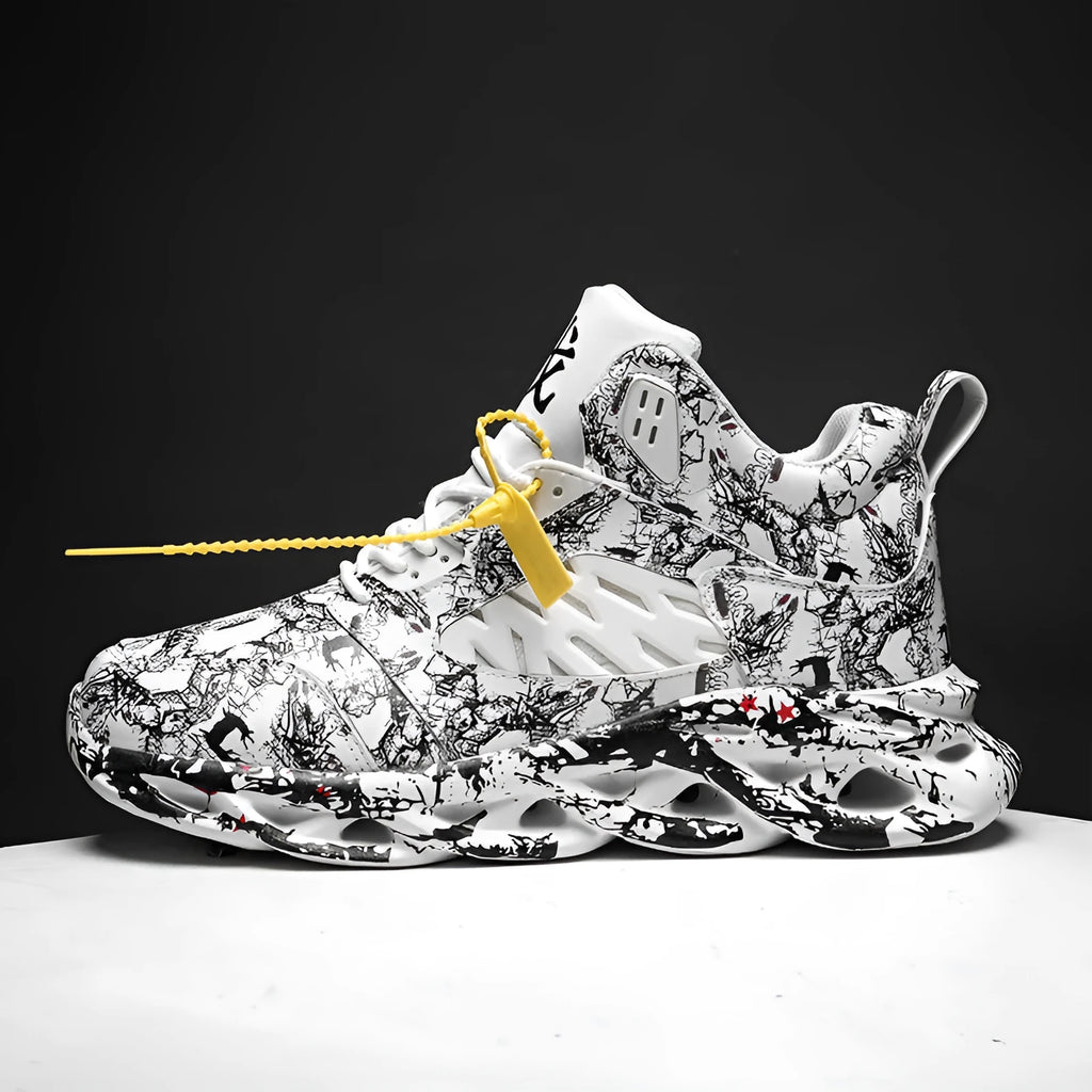 Men's camouflage pattern high-top basketball shoes in four colours with a rubber sole.
