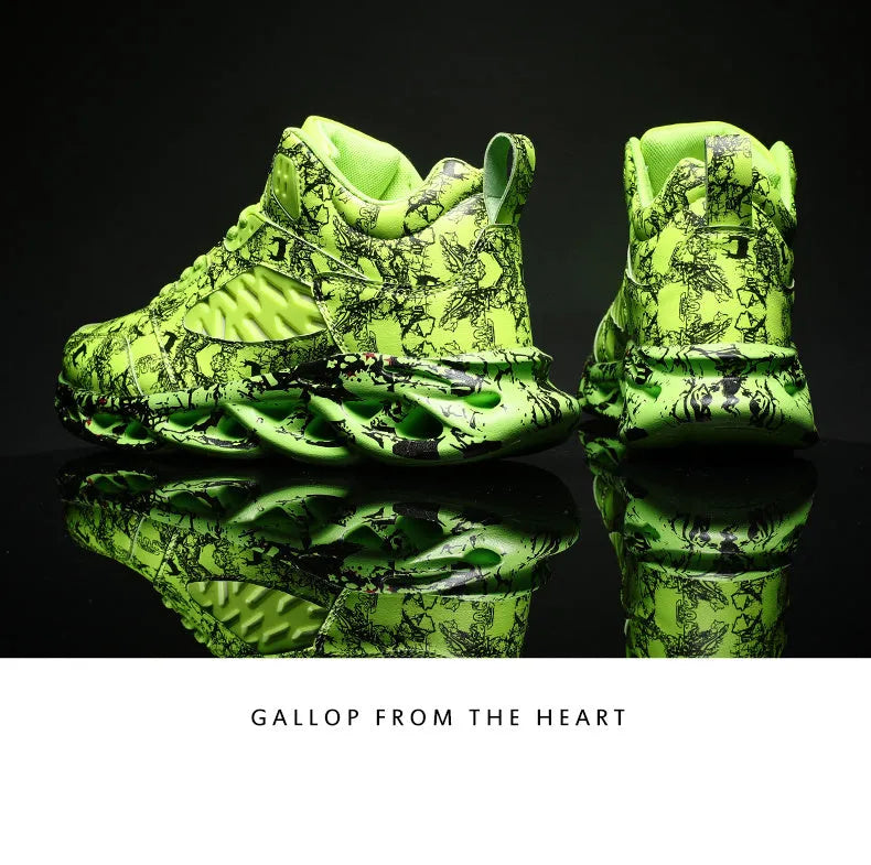Men's camouflage pattern high-top basketball shoes in four colours with a rubber sole.