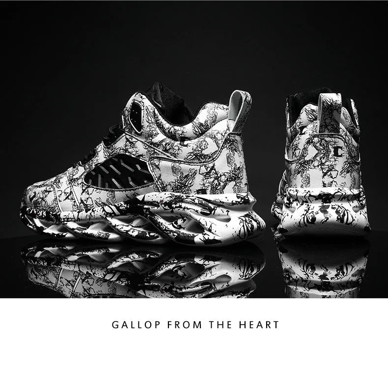 Men's camouflage pattern high-top basketball shoes in four colours with a rubber sole.