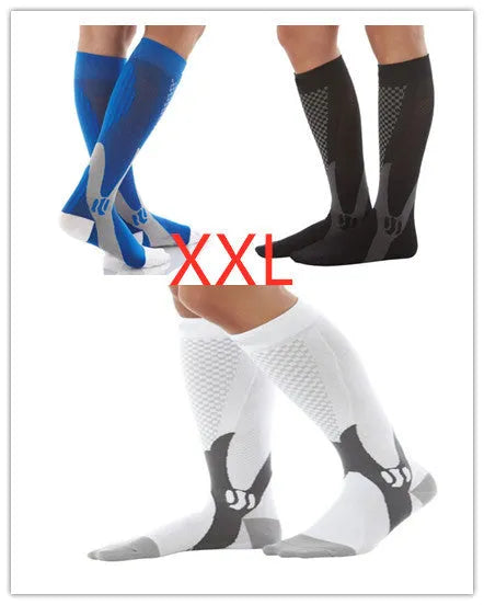Graduated athletic compression socks for men and women in various colours and sizes.