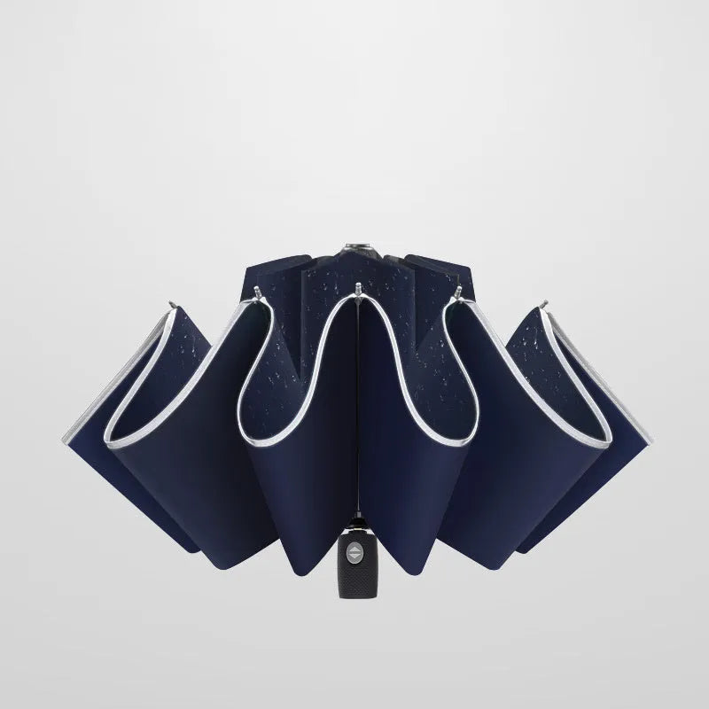 Black automatic reverse umbrella showing inward-folding design with plastic non-slip handle