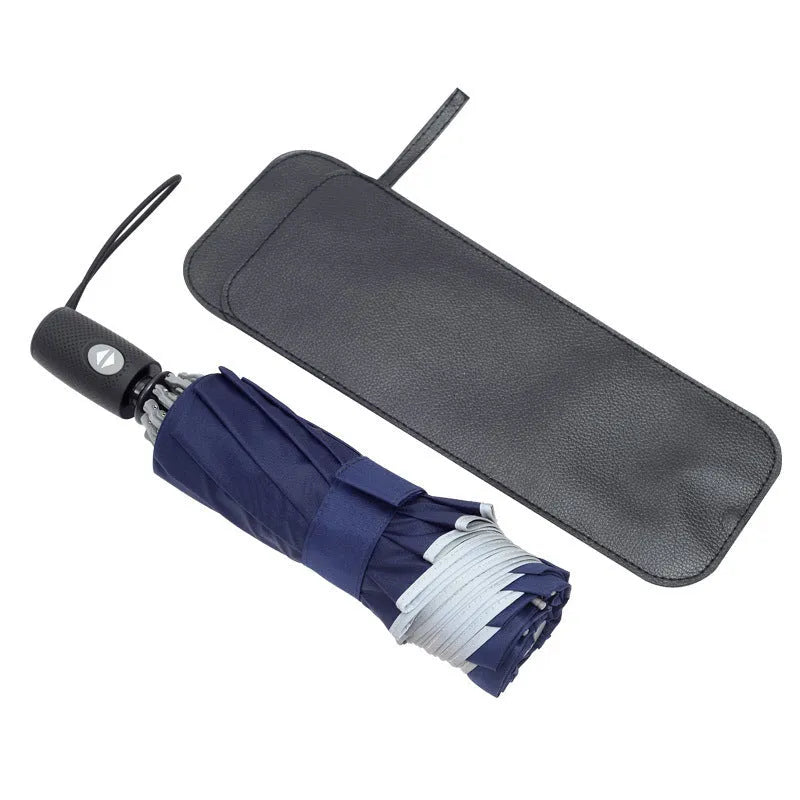 Black automatic reverse umbrella showing inward-folding design with plastic non-slip handle