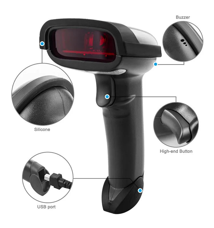 Black wireless laser barcode scanner handheld device with USB interface