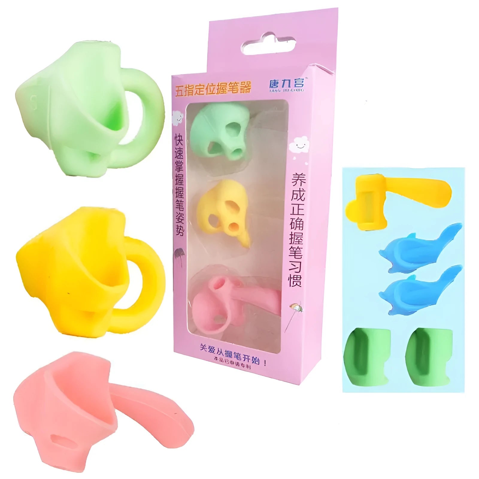 Children's writing orthosis pen holders with writing corrector in multiple colour and style options