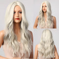White high temperature silk wig with long medium small curls, 24 inch length, middle part bangs