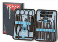 25-26 piece black steel nail clippers set in compact case with black and red leather accents