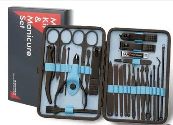 25-26 piece black steel nail clippers set in compact case with black and red leather accents